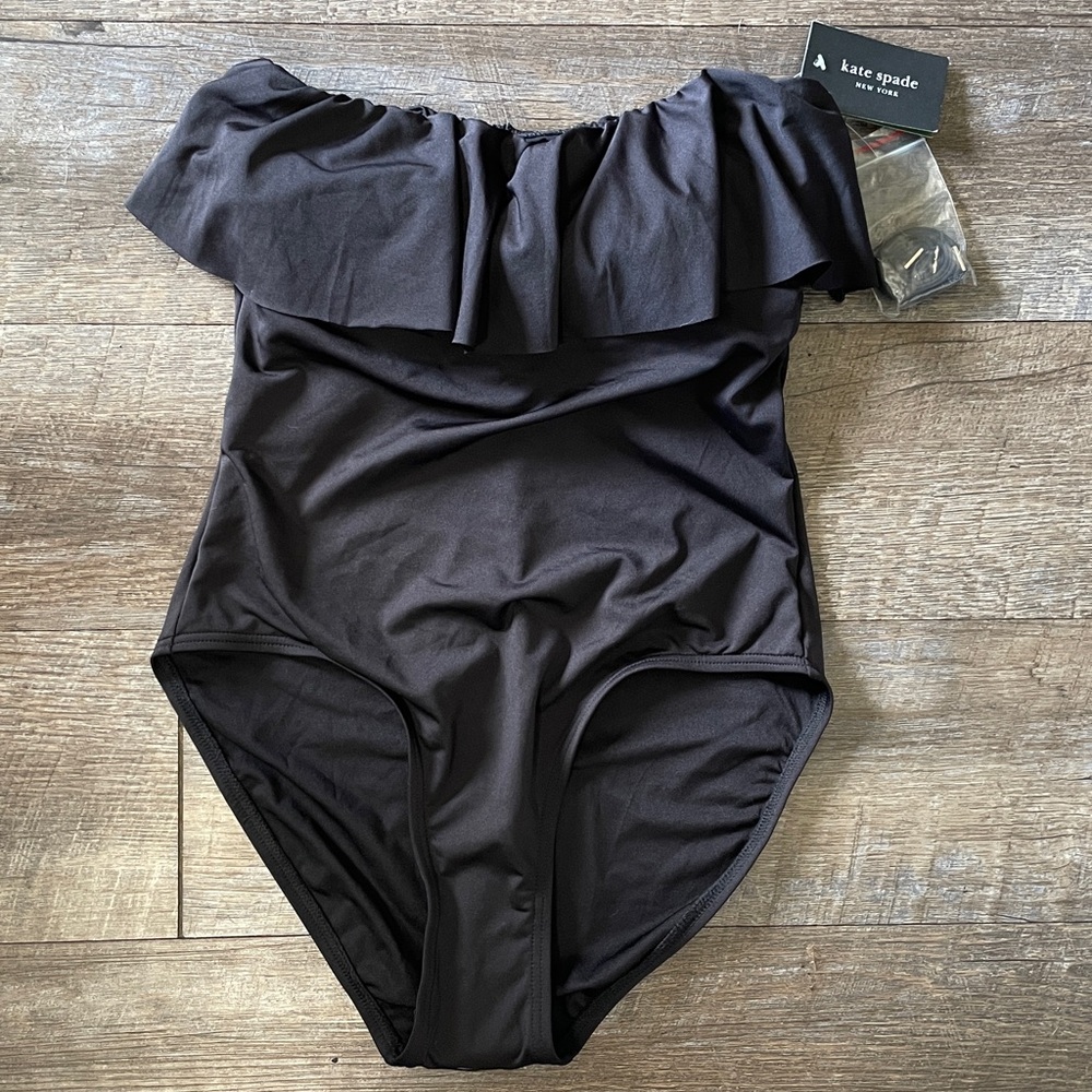 NWT Kate Spade Black Ruffle Strapless One Piece Swimsuit